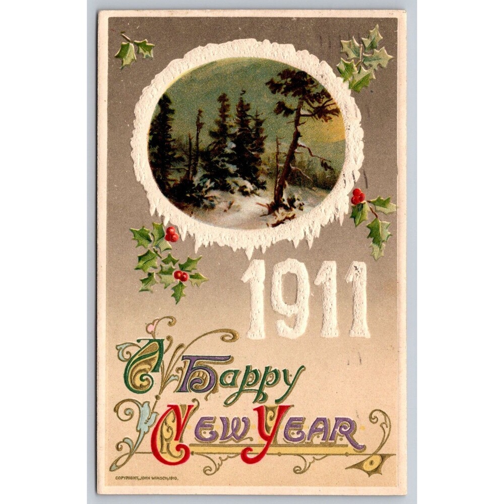 1911 John Winsch New Year Postcard Toledo Ohio Embossed Forest Holly 1910 PM